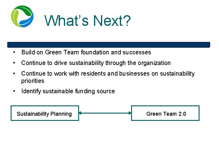 What’s Next? • Build on Green Team foundation and successes • Continue to drive