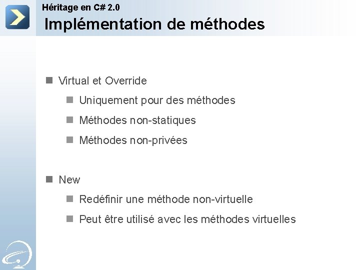 Héritage en C# 2. 0 Implémentation de méthodes n Virtual et Override n Uniquement