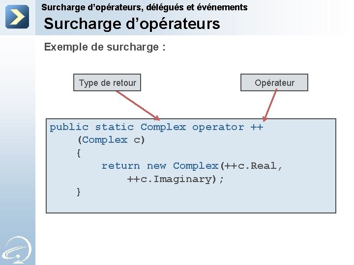 Surcharge d’opérateurs, délégués et événements Surcharge d’opérateurs Exemple de surcharge : Type de retour