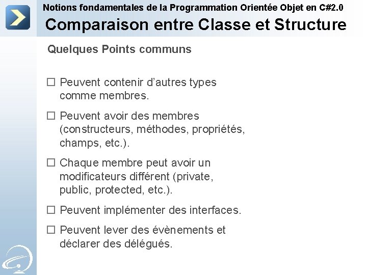 Notions fondamentales de la Programmation Orientée Objet en C#2. 0 Comparaison entre Classe et