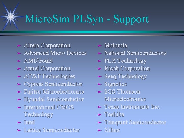 Micro. Sim PLSyn - Support ä ä ä Altera Corporation Advanced Micro Devices AMI/Gould