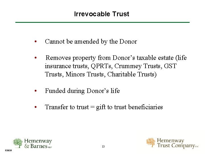 Irrevocable Trust • Cannot be amended by the Donor • Removes property from Donor’s