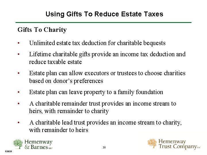 Using Gifts To Reduce Estate Taxes Gifts To Charity • Unlimited estate tax deduction