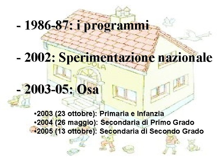 - 1986 -87: i programmi - 2002: Sperimentazione nazionale - 2003 -05: Osa •