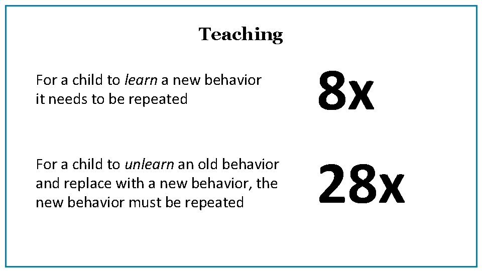 Teaching For a child to learn a new behavior it needs to be repeated