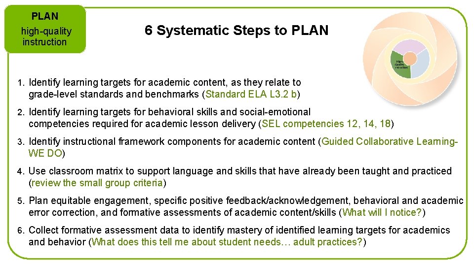 PLAN high-quality instruction 6 Systematic Steps to PLAN 1. Identify learning targets for academic