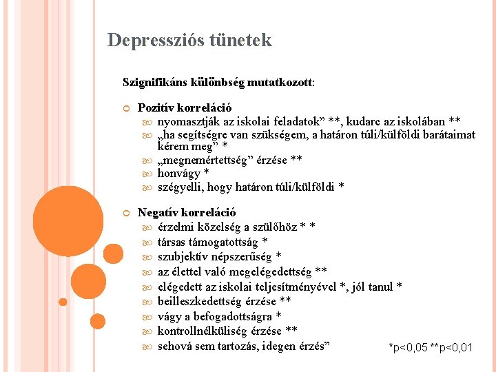 Depressziós tünetek Szignifikáns különbség mutatkozott: Pozitív korreláció nyomasztják az iskolai feladatok” **, kudarc az