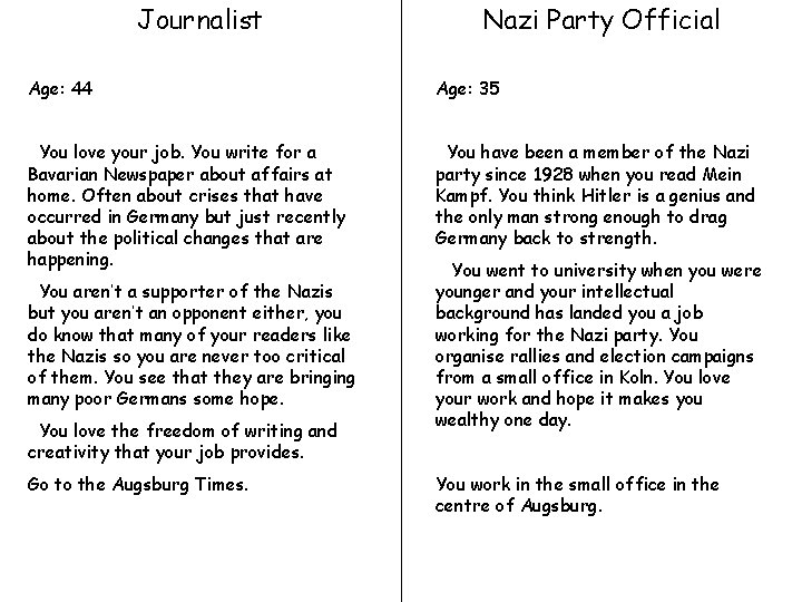 Journalist Nazi Party Official Age: 44 Age: 35 You love your job. You write