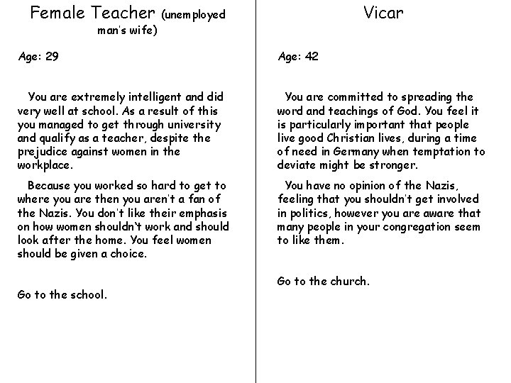 Female Teacher man’s wife) Vicar (unemployed Age: 29 Age: 42 You are extremely intelligent