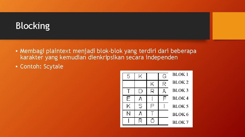 Blocking • Membagi plaintext menjadi blok-blok yang terdiri dari beberapa karakter yang kemudian dienkripsikan