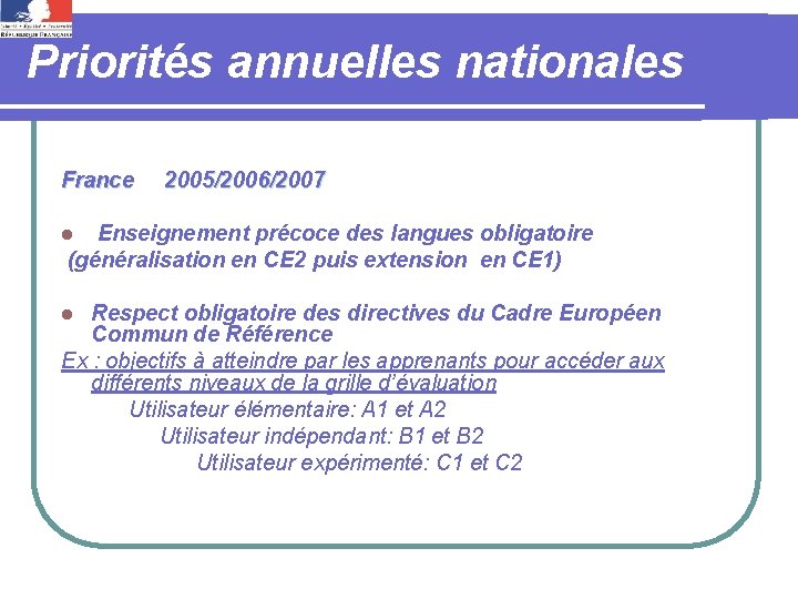 Priorités annuelles nationales France 2005/2006/2007 Enseignement précoce des langues obligatoire (généralisation en CE 2