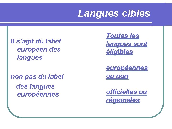  Langues cibles Il s’agit du label européen des langues non pas du label