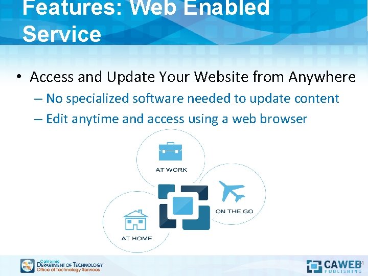 Features: Web Enabled Service • Access and Update Your Website from Anywhere – No