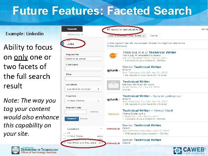 Future Features: Faceted Search Example: Linkedin Ability to focus on only one or two