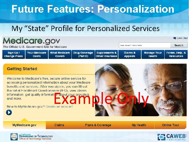 Future Features: Personalization My “State” Profile for Personalized Services Example Only 31 