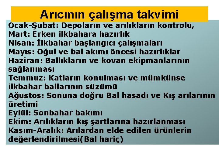 Arıcının çalışma takvimi Ocak-Şubat: Depoların ve arılıkların kontrolu, Mart: Erken ilkbahara hazırlık Nisan: İlkbahar