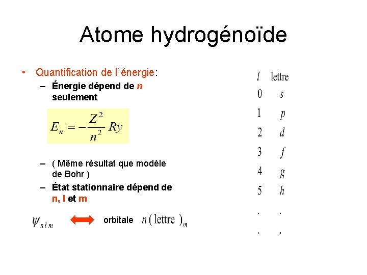 Atome hydrogénoïde • Quantification de l`énergie: – Énergie dépend de n seulement – (