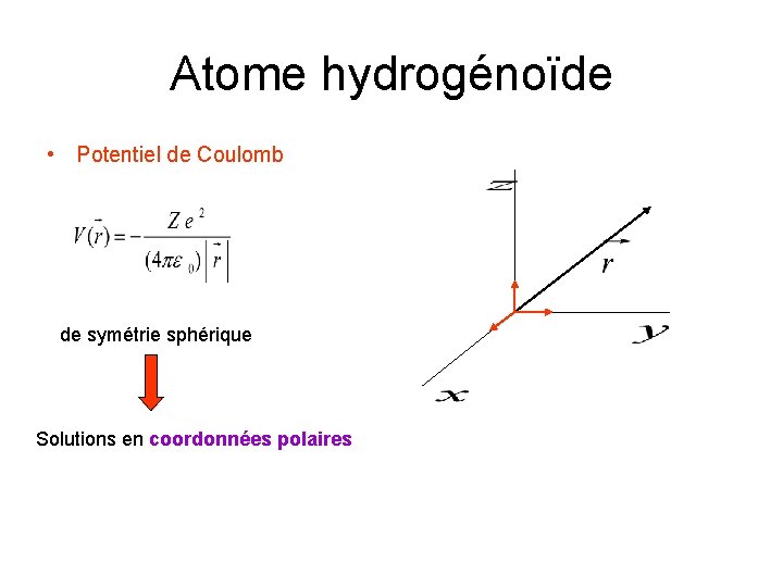 Atome hydrogénoïde • Potentiel de Coulomb de symétrie sphérique Solutions en coordonnées polaires 