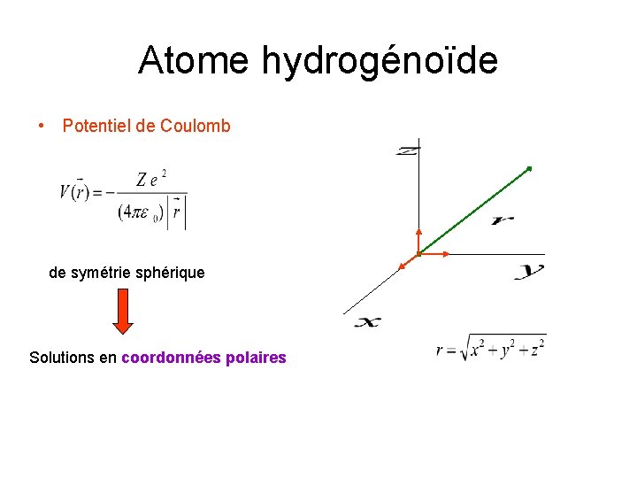 Atome hydrogénoïde • Potentiel de Coulomb de symétrie sphérique Solutions en coordonnées polaires 