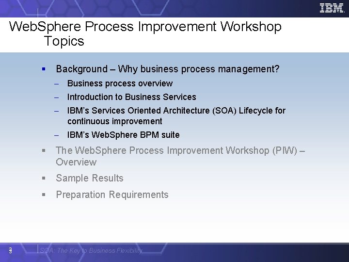 Web. Sphere Process Improvement Workshop Topics § Background – Why business process management? -