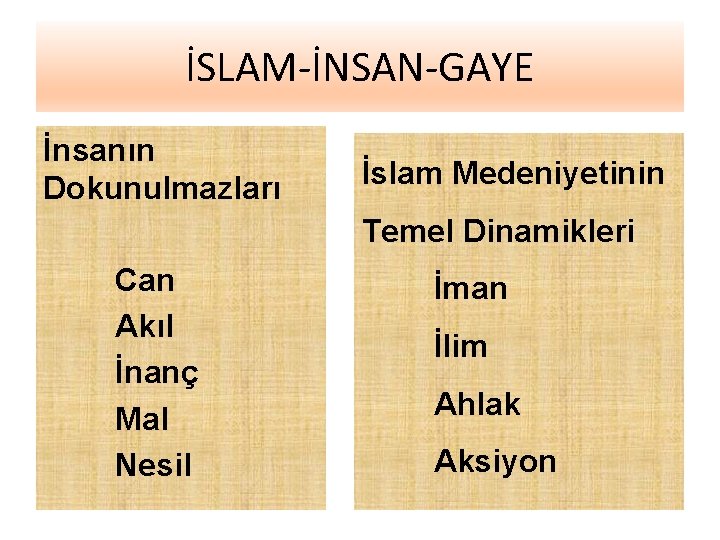 İSLAM-İNSAN-GAYE İnsanın Dokunulmazları İslam Medeniyetinin Temel Dinamikleri Can Akıl İnanç Mal Nesil İman İlim