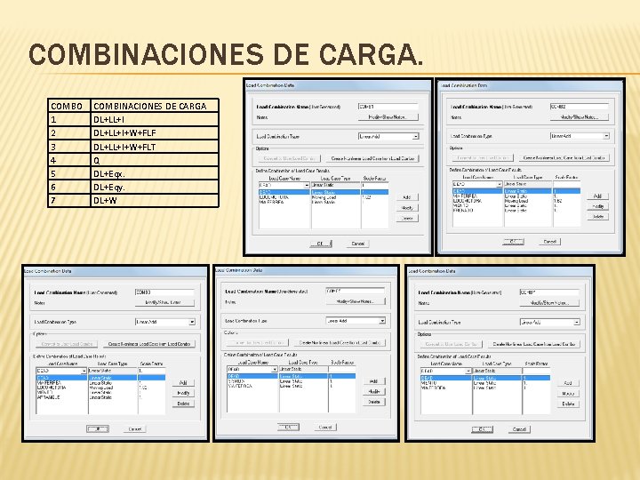 COMBINACIONES DE CARGA. COMBO 1 2 3 4 5 6 7 COMBINACIONES DE CARGA