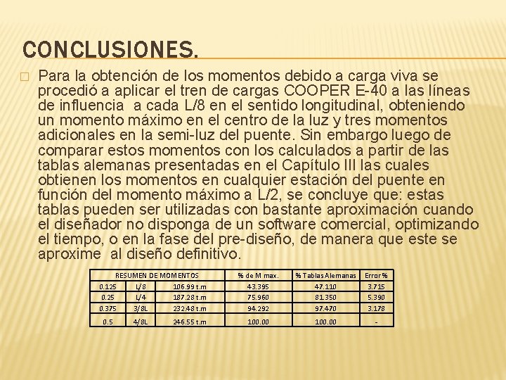 CONCLUSIONES. � Para la obtención de los momentos debido a carga viva se procedió