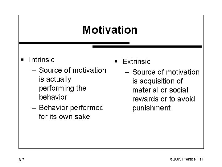 Motivation § Intrinsic – Source of motivation is actually performing the behavior – Behavior