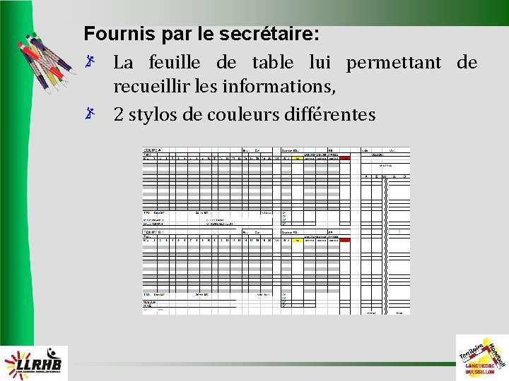 Fournis par le secrétaire: La feuille de table lui permettant de recueillir les informations,