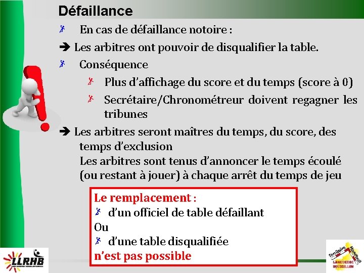 Défaillance En cas de défaillance notoire : Les arbitres ont pouvoir de disqualifier la