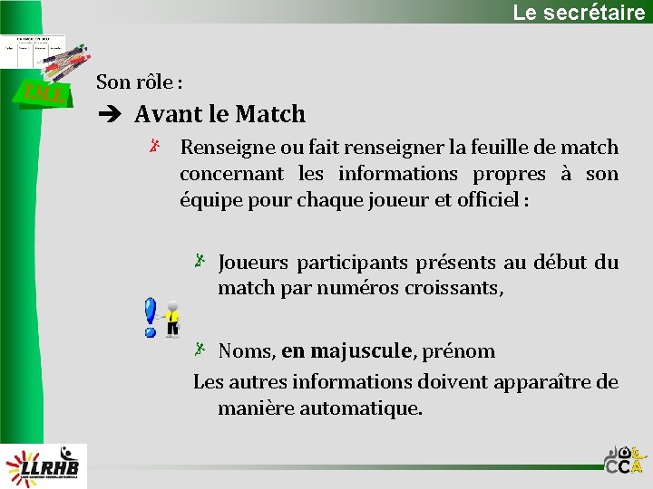 Le secrétaire Son rôle : Avant le Match Renseigne ou fait renseigner la feuille