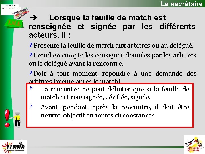 Le secrétaire Lorsque la feuille de match est renseignée et signée par les différents