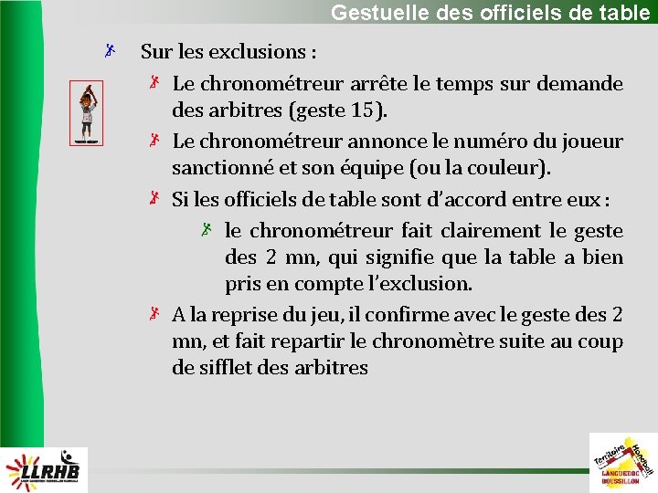 Gestuelle des officiels de table Sur les exclusions : Le chronométreur arrête le temps