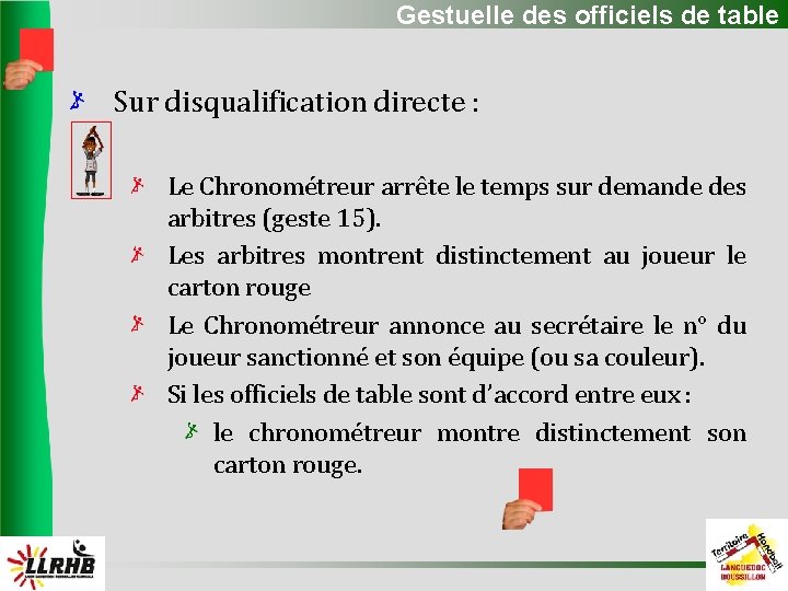 Gestuelle des officiels de table Sur disqualification directe : Le Chronométreur arrête le temps