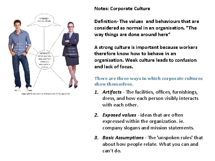 Notes: Corporate Culture Definition- The values and behaviours that are considered as normal in