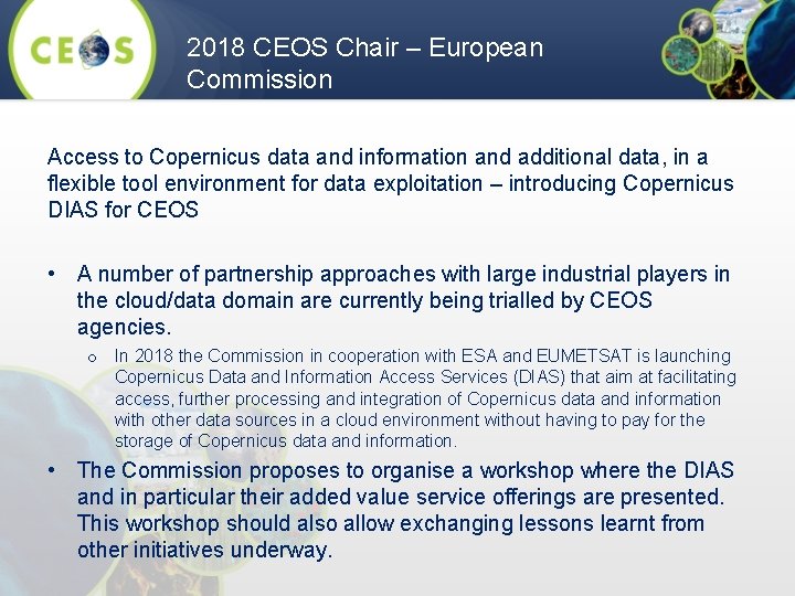2018 CEOS Chair – European Commission Access to Copernicus data and information and additional