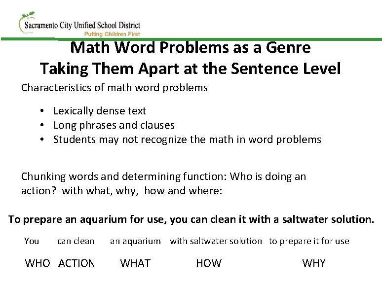 Math Word Problems as a Genre Taking Them Apart at the Sentence Level Characteristics