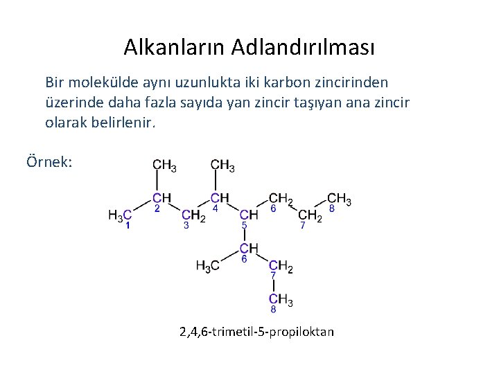 Alkanların Adlandırılması Bir molekülde aynı uzunlukta iki karbon zincirinden üzerinde daha fazla sayıda yan