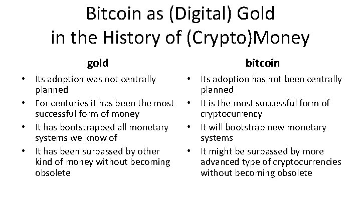 Bitcoin as (Digital) Gold in the History of (Crypto)Money gold bitcoin • Its adoption