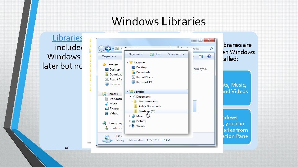 Windows Libraries are included in Windows 7 and later but not Vista 20 A