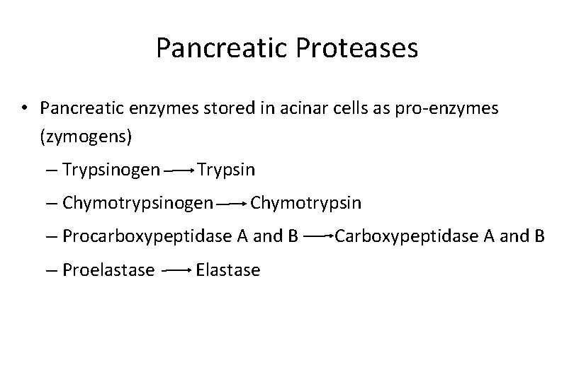 Pancreatic Proteases • Pancreatic enzymes stored in acinar cells as pro-enzymes (zymogens) – Trypsinogen