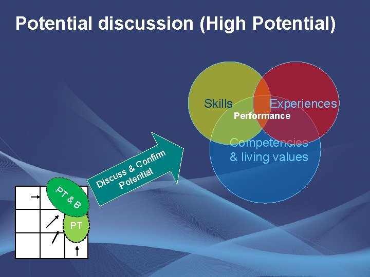 Potential discussion (High Potential) Skills Experiences Performance PT nf ir o & C al