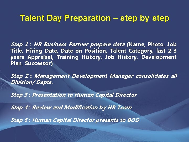 Talent Day Preparation – step by step Step 1 : HR Business Partner prepare