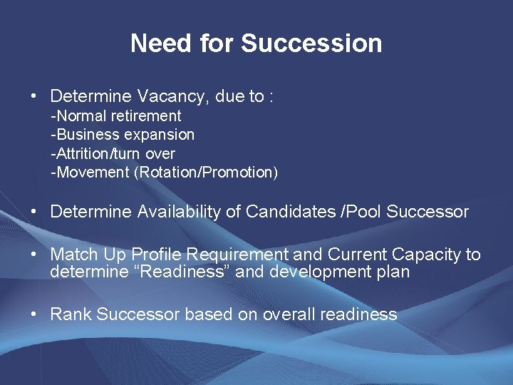 Need for Succession • Determine Vacancy, due to : -Normal retirement -Business expansion -Attrition/turn