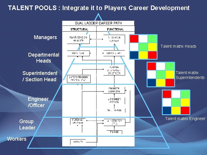 TALENT POOLS : Integrate it to Players Career Development Managers Talent matrix Heads Departmental