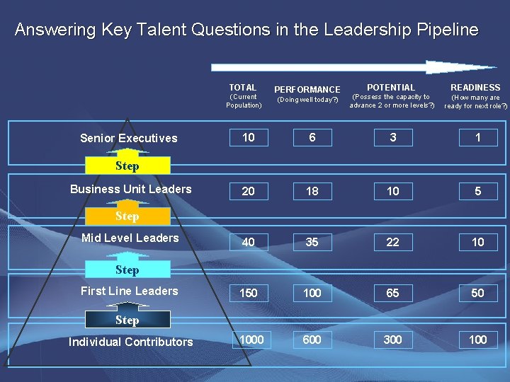 Answering Key Talent Questions in the Leadership Pipeline TOTAL (Current Population) Senior Executives PERFORMANCE