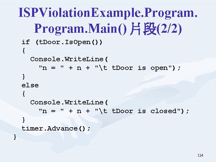 ISPViolation. Example. Program. Main() 片段(2/2) if (t. Door. Is. Open()) { Console. Write. Line(