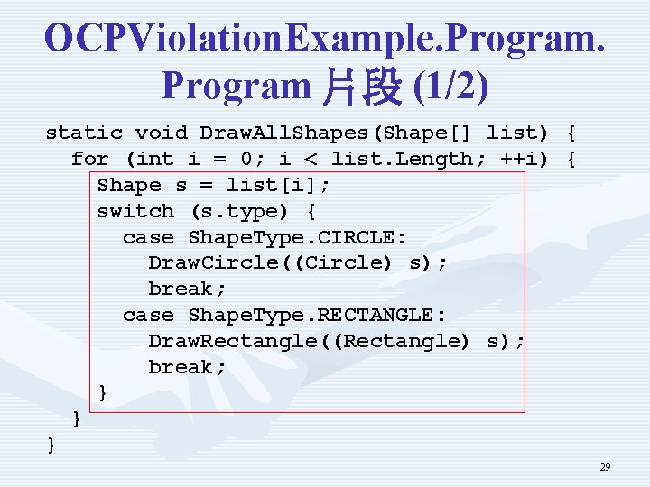 OCPViolation. Example. Program 片段 (1/2) static void Draw. All. Shapes(Shape[] list) { for (int