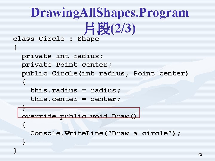 Drawing. All. Shapes. Program 片段(2/3) class Circle : Shape { private int radius; private