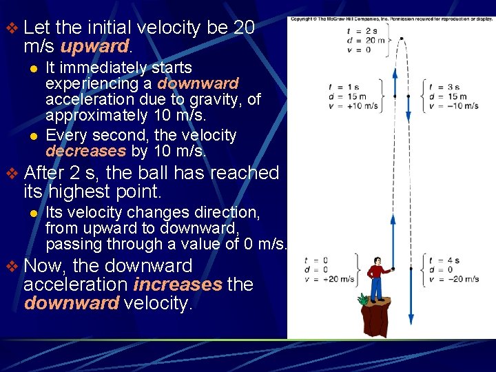v Let the initial velocity be 20 m/s upward. l l It immediately starts v Let the initial velocity be 20 m/s upward. l l It immediately starts